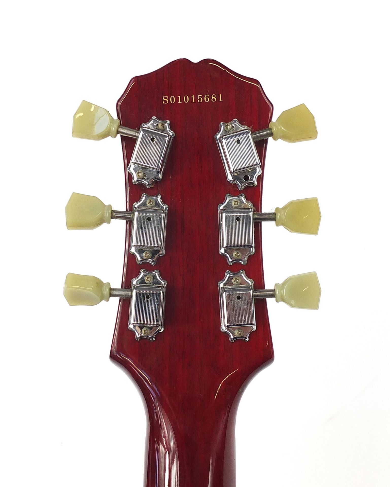 Red lacquered Gibson Epiphone six string electric guitar, serial number S01015681, 100cm in length - Image 5 of 9