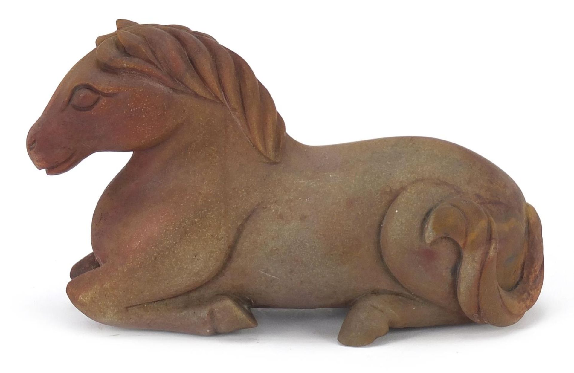 Chinese hardstone carving of a recumbent horse, possibly jade, 15.5cm in length - Image 2 of 7