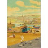 Norman K Wilkinson - St Ives Harbour, Cornwall, mixed media on card, inscribed in ink poster colours