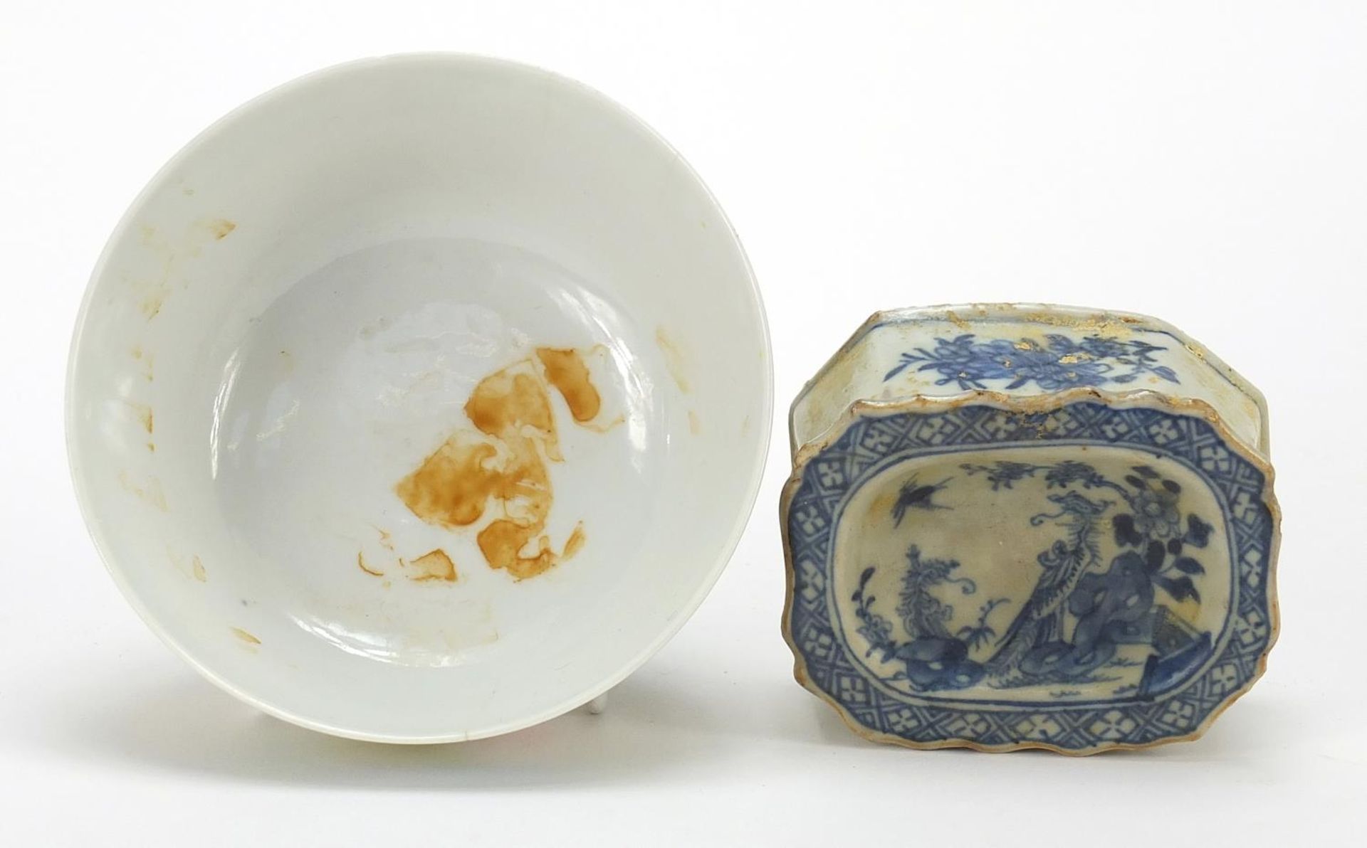 Chinese porcelain comprising a Canton wrist rest, blue and white salt and a famille rose bowl, the - Image 7 of 10