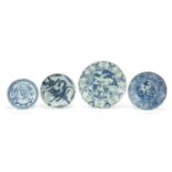 Four Chinese blue and white porcelain plates including one painted with two deer, two having