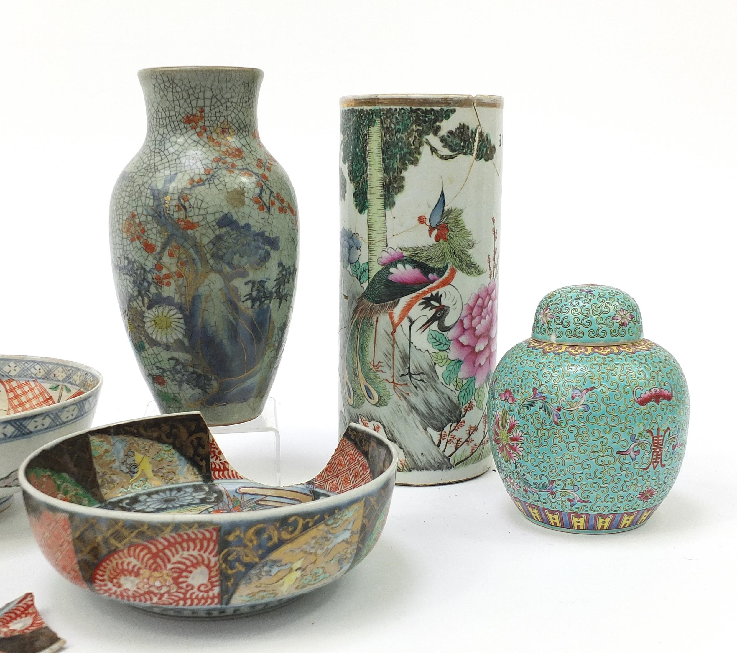 Chinese and Japanese porcelain including a cylindrical vase hand painted with a phoenix, Imari - Image 3 of 11