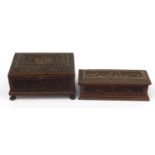 Burmese sandalwood sewing box and a rectangular casket, each finely carved with mythical figures and