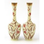 Pair of 19th French century opaline glass vases hand painted with flowers, each 40cm high