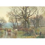 Henry Charles Fox - Figure and cattle before woodland, late 19th/early 20th century watercolour,