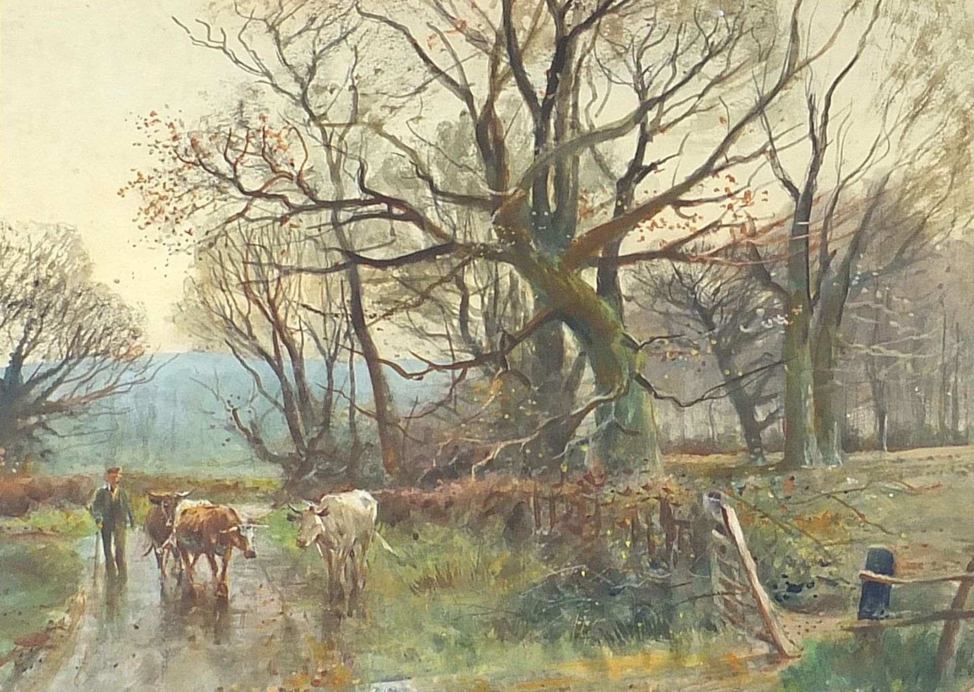 Henry Charles Fox - Figure and cattle before woodland, late 19th/early 20th century watercolour,