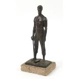 Industrial bronze figure of a workman holding a digging hoe signed N Barabotti, 43.5cm high