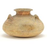 Mycenaean pottery squatted jar with three loop handles, 6.5cm high