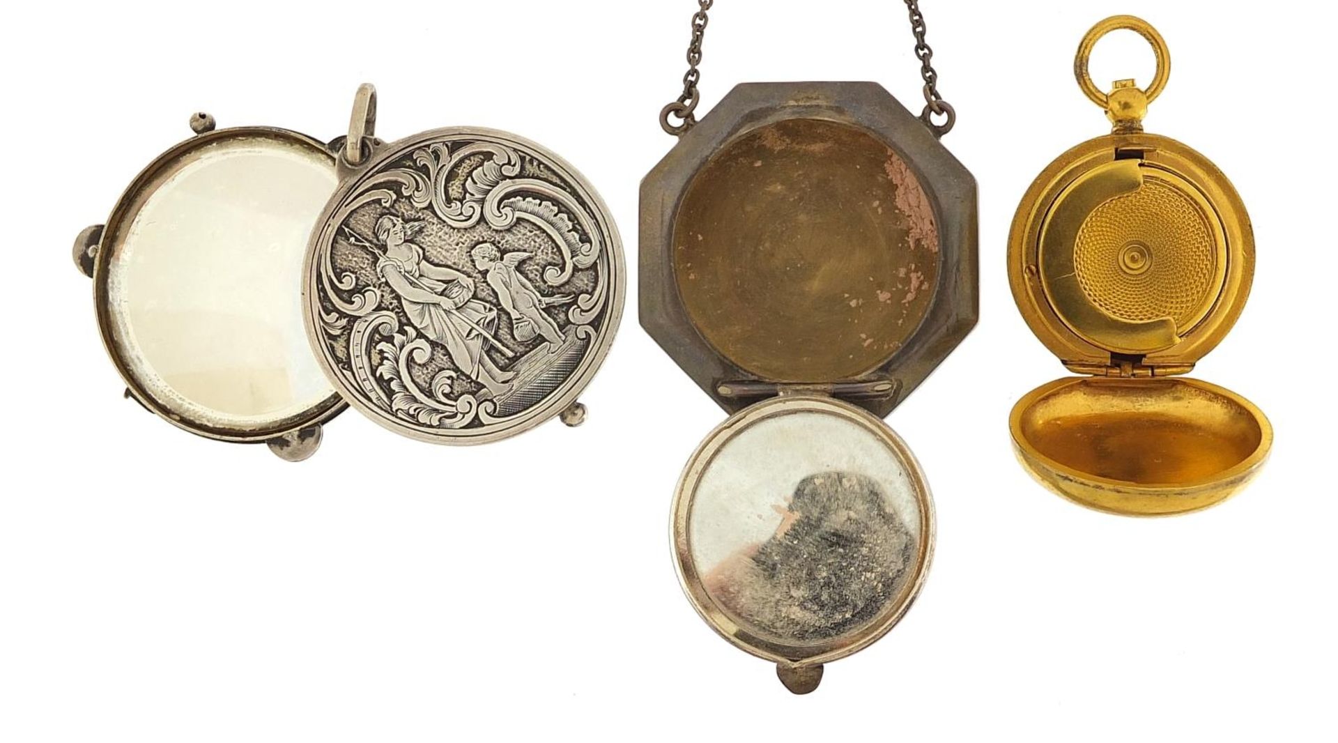 Objects comprising Edwardian silver chatelaine compact, circular silver mirror pendant engraved with - Image 2 of 4