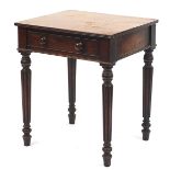 19th century mahogany occasional table with frieze drawer and fluted legs, 67cm H x 56cm W x 49cm D