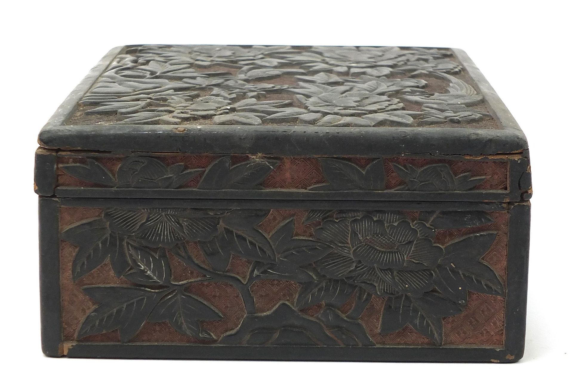 Chinese cinnabar lacquer box and cover carved with birds amongst flowers, 10.5cm H x 29cm W x 21.5cm - Image 4 of 8