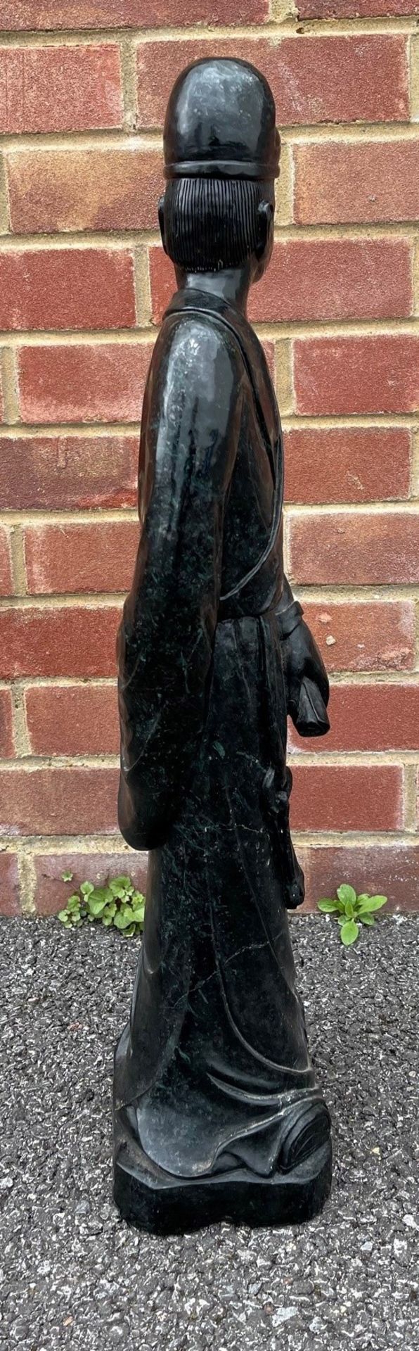Large Chinese carved green/black stone figure of a standing figure holding a scroll, 69cm high - Image 6 of 7