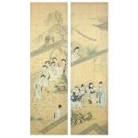 Figures in a palace setting with attendants, pair of Chinese watercolours on silk, framed and