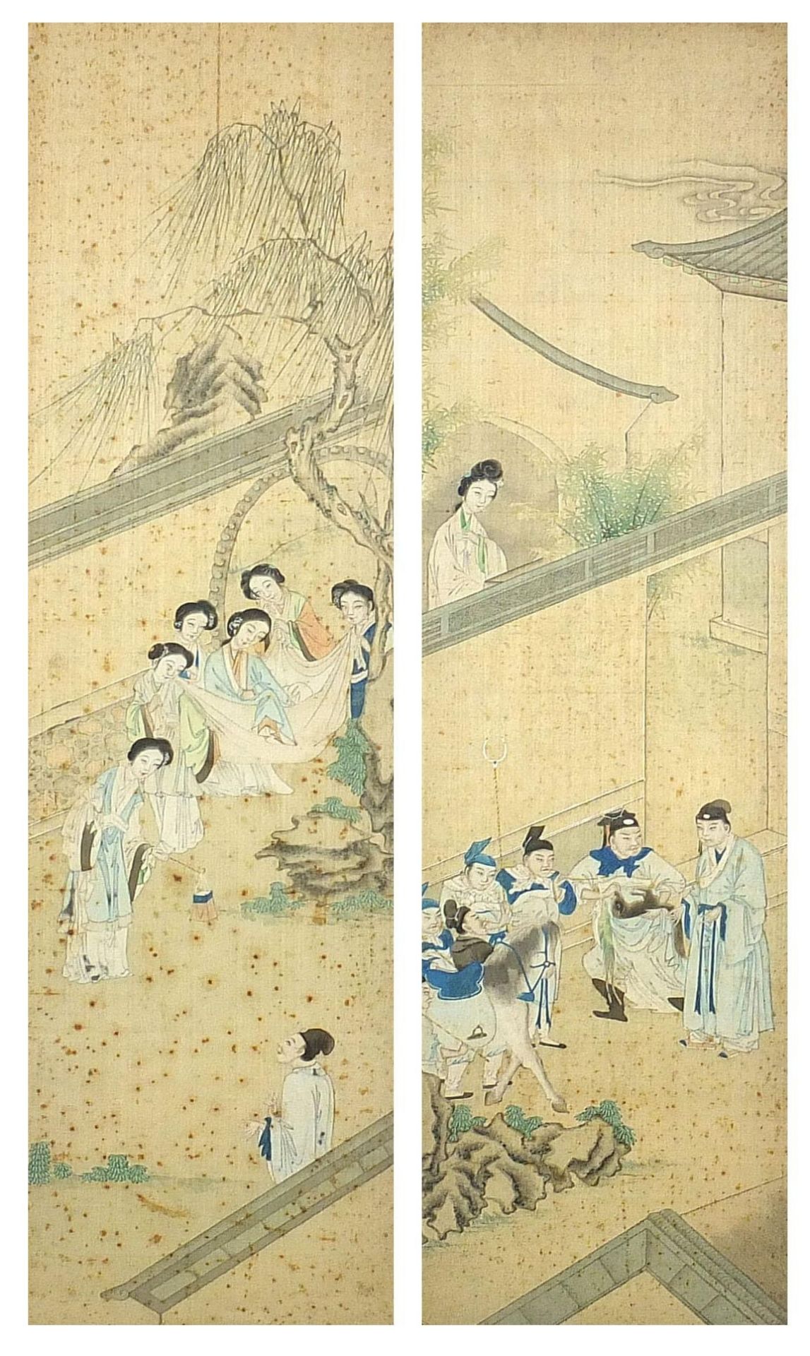 Figures in a palace setting with attendants, pair of Chinese watercolours on silk, framed and