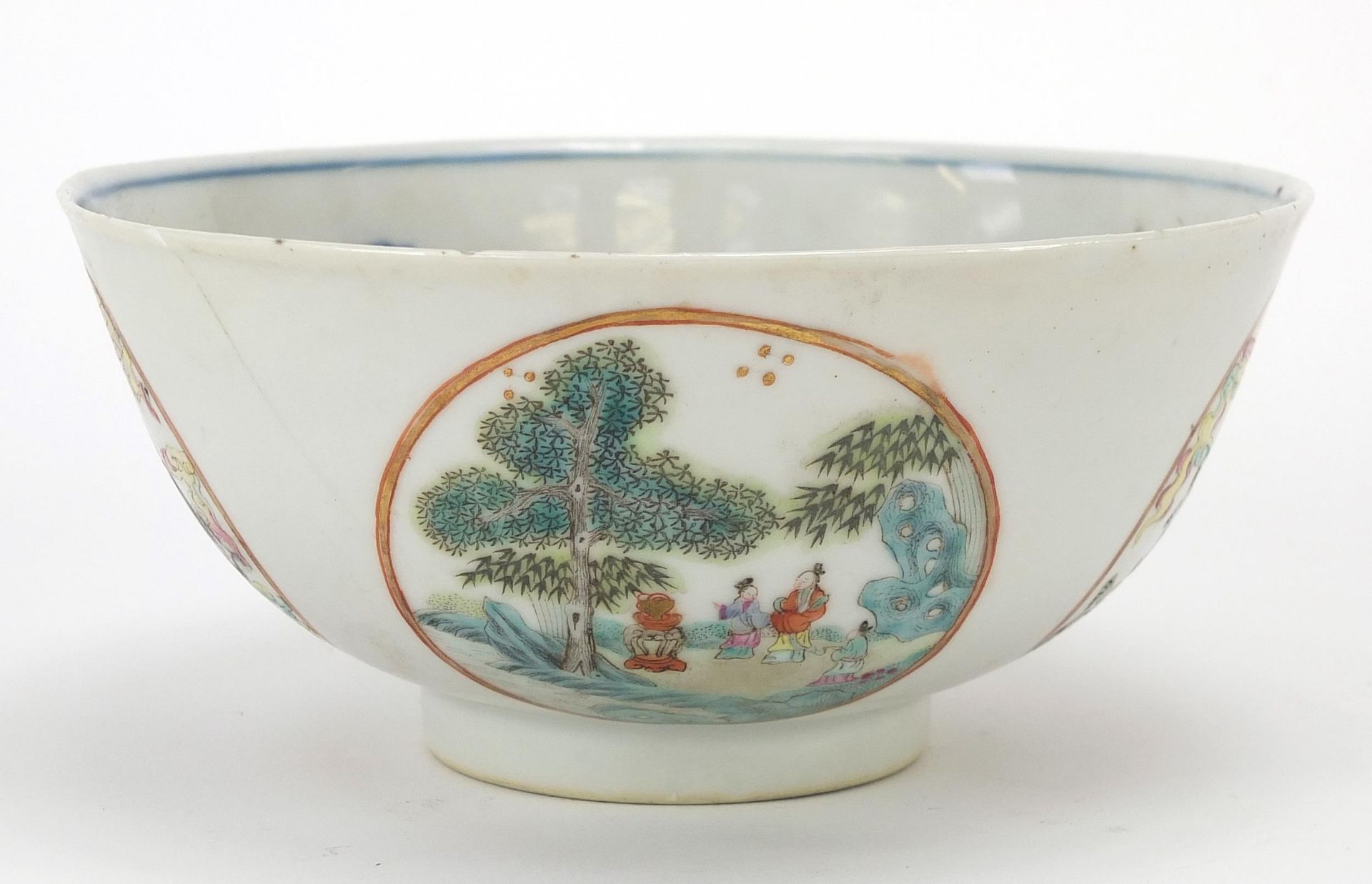 Chinese porcelain bowl hand painted in the famille rose palette with panels of figures, birds and - Image 5 of 13