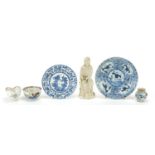 Chinese porcelain including blanc de chine figurine of Guanyin, blue and white plates and tea