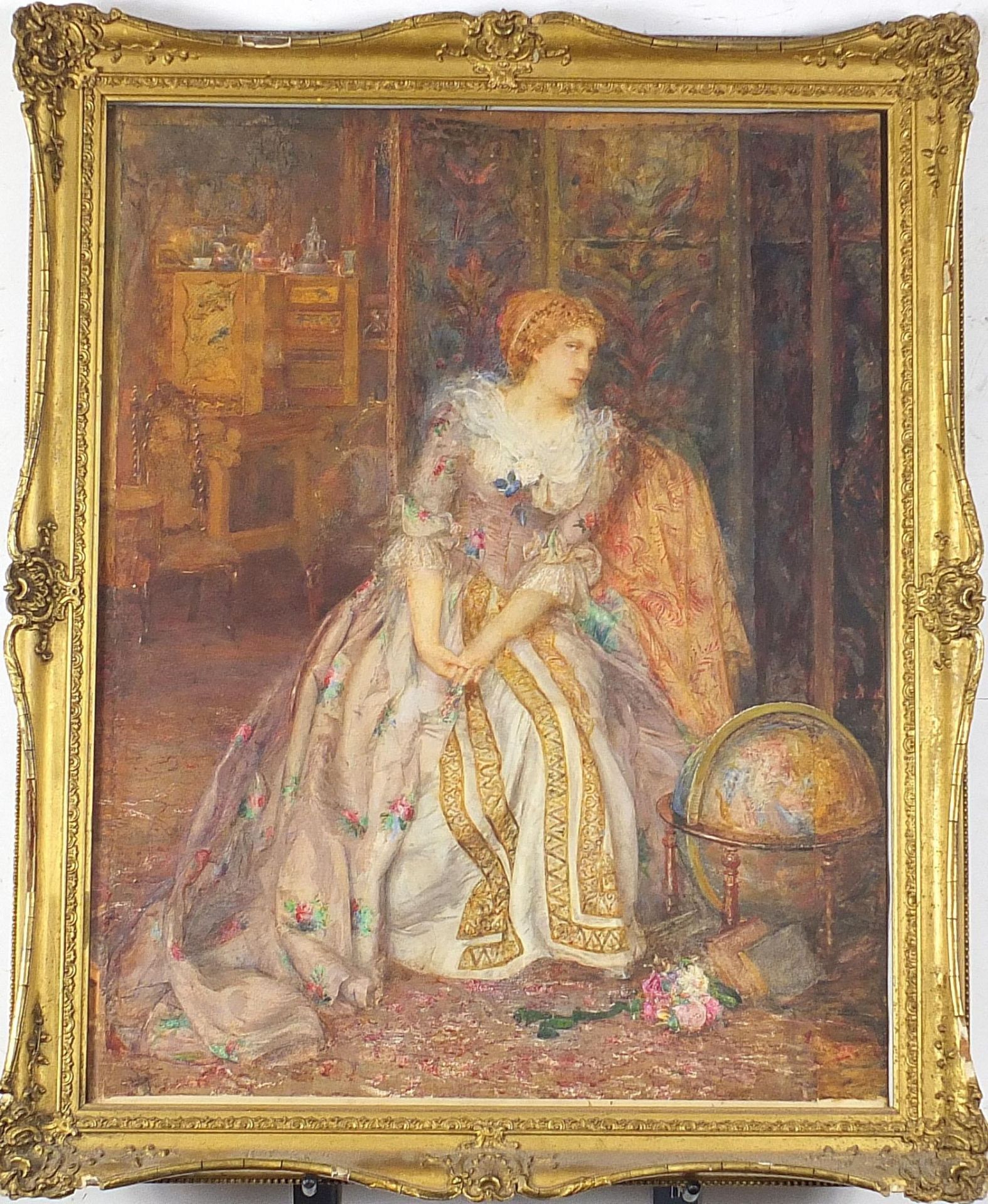 Seated lady in an interior beside a globe, Pre-Raphaelite watercolour, mounted, framed and glazed, - Image 2 of 4