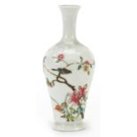 Chinese porcelain vase hand painted in the famille rose palette with a bird amongst flowers, four