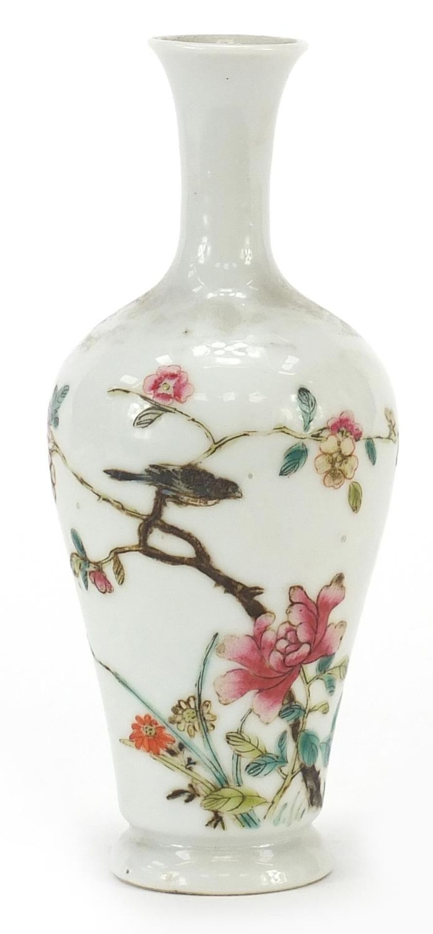 Chinese porcelain vase hand painted in the famille rose palette with a bird amongst flowers, four