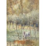 Figure and cow before trees, 20th century watercolour, mounted, framed and glazed, 30cm x 21cm