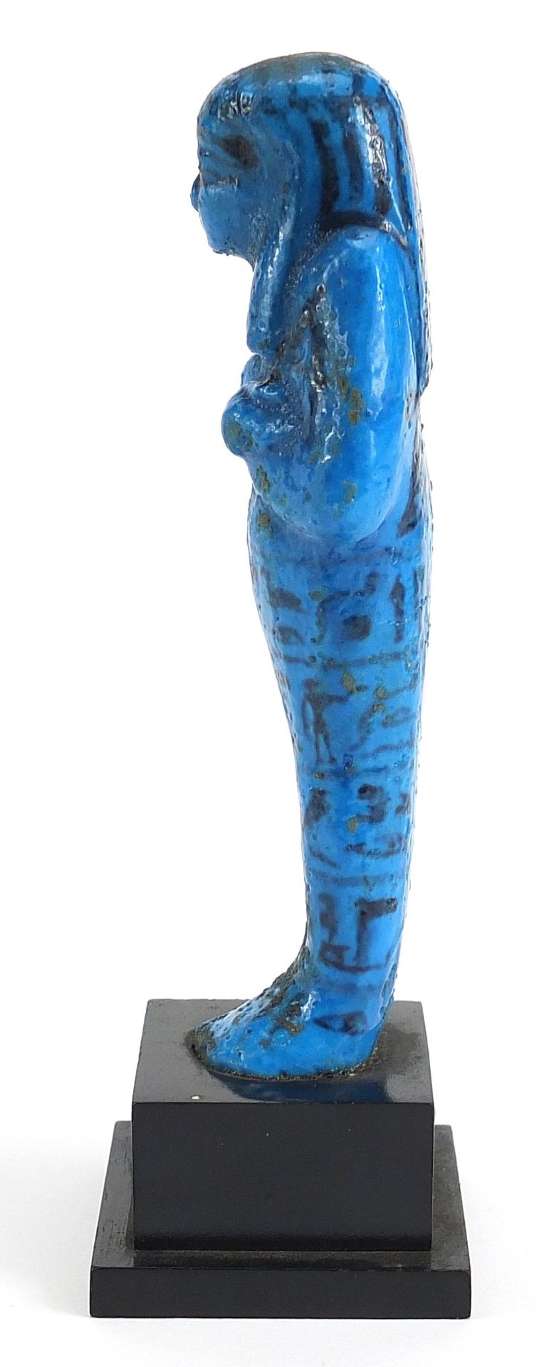 Egyptian blue faience glazed stone ushabti hand painted with hieroglyphics, raised on a later - Image 3 of 7