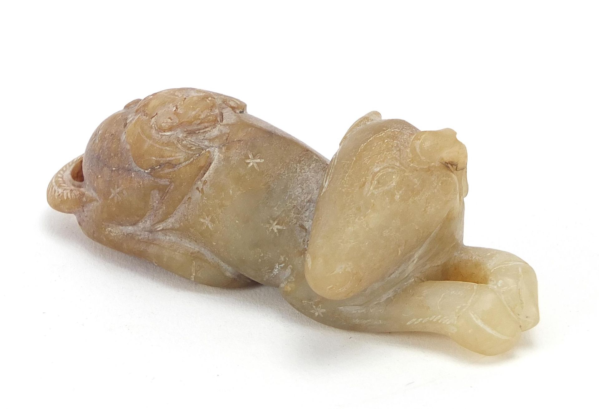 Good Chinese hardstone carving of a recumbent horse and bat, possibly jade, 8.5cm in length