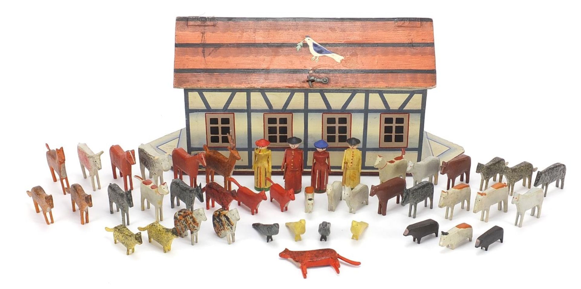 Old wooden Noah's ark with carved woodens animals including horses, 33cm in length