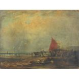 Manner of John Constable - Figures and ships on a beach, oil on board, Winsor & Newton label