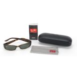 Cased pair of Ray-Ban tortoiseshell design sunglasses with cleaning cloth