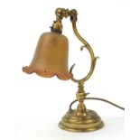 Antique heavy brass desk lamp with glass shade, 34cm high