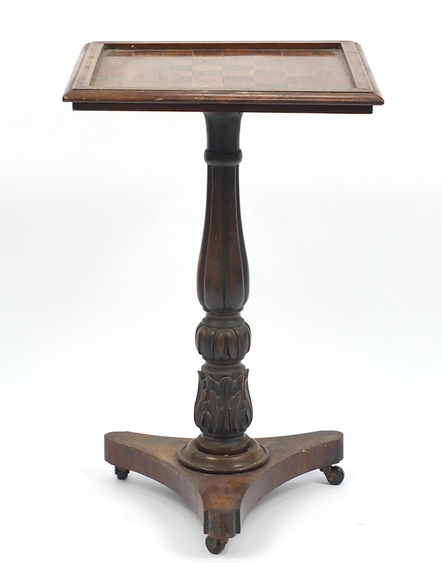 19th century rosewood chess table with carved column, 74cm H x 47cm W x 47cm D - Image 4 of 4