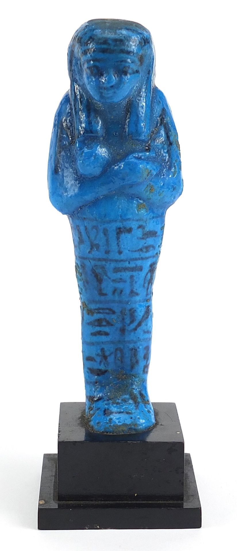 Egyptian blue faience glazed stone ushabti hand painted with hieroglyphics, raised on a later - Image 2 of 7