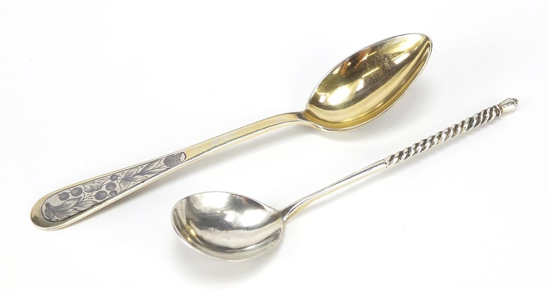 Two Russian silver niello work spoons, one with impressed marks for Konstantin Maximovich