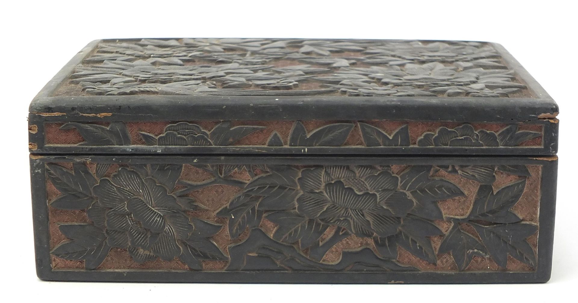 Chinese cinnabar lacquer box and cover carved with birds amongst flowers, 10.5cm H x 29cm W x 21.5cm - Image 5 of 8