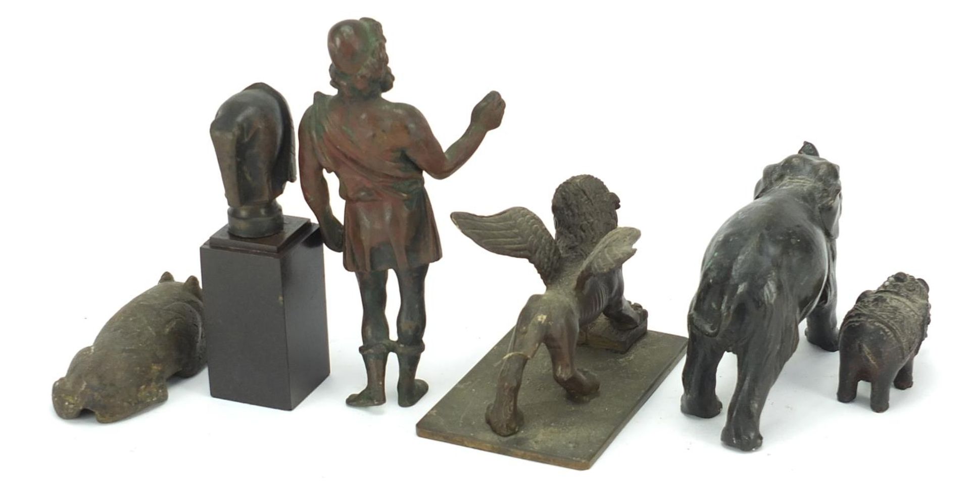 Antique Bronzes to include elephant, Greek figure, lion and a winged mythical beast, the largest - Image 4 of 5