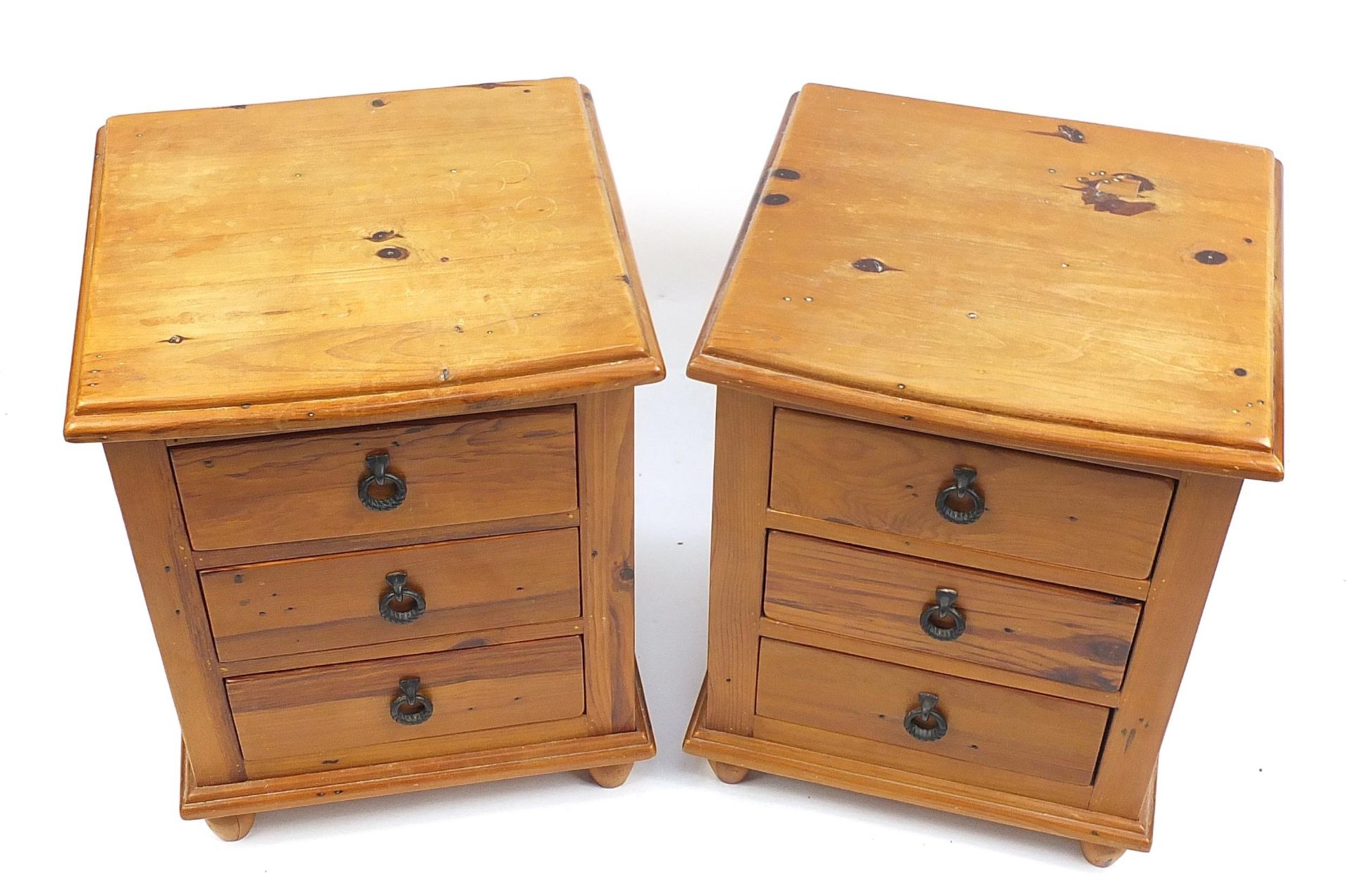 Pair of Mexican pine three drawer bedside chests with iron handles, 68cm H x 52cm W x 49cm D - Image 2 of 4