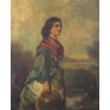 Female holding a water pot before a landscape, 19th century oil on canvas, mounted and framed,