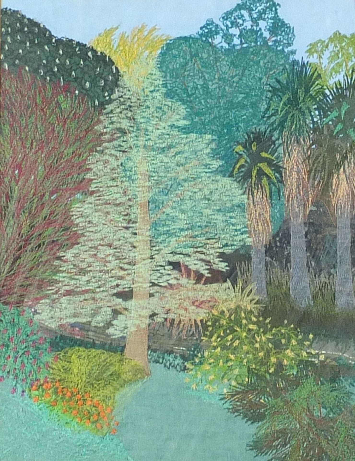 Gillian Wills - Cordyline Australis in a New Zealand garden, machine stitched embroidery,