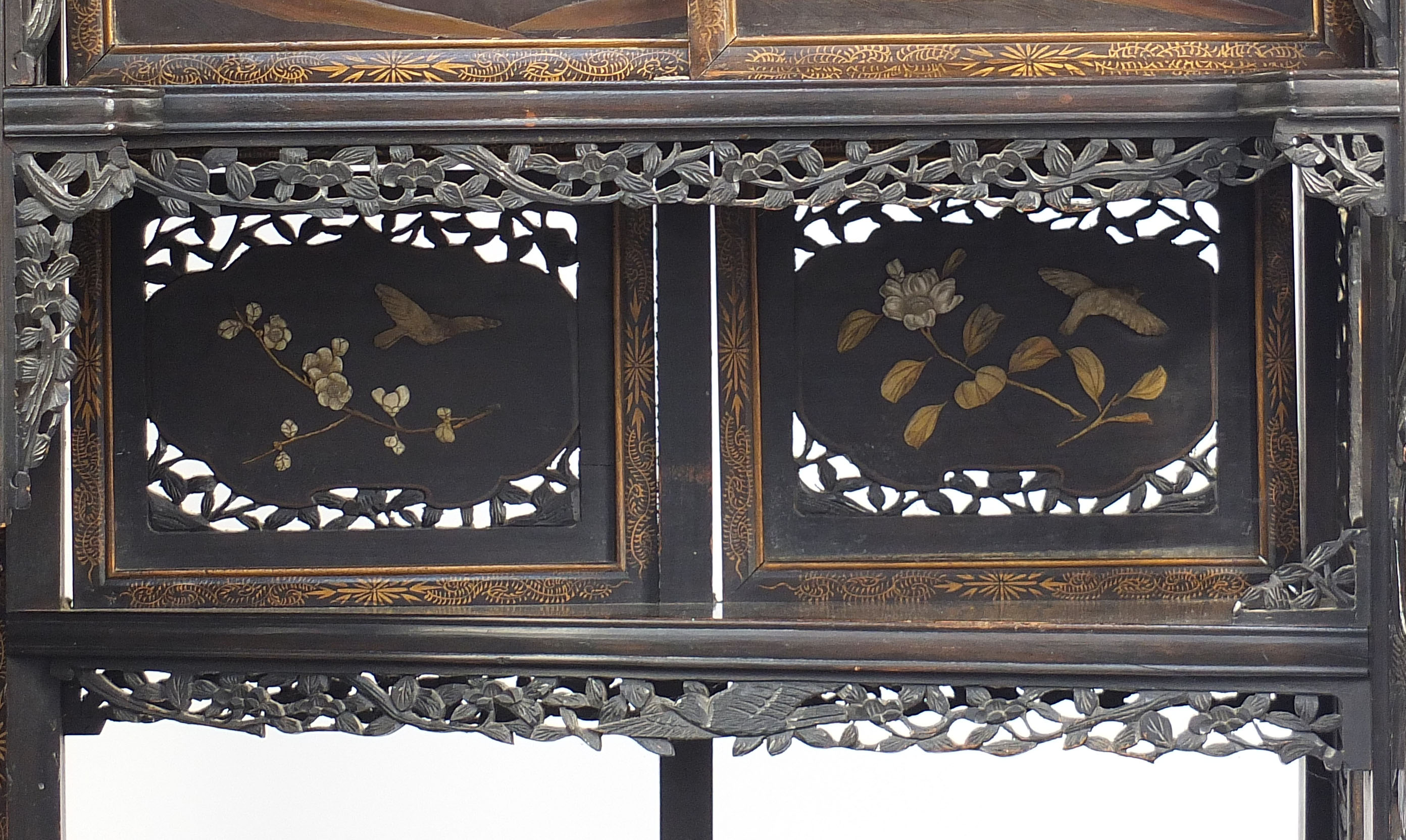 Japanese carved hardwood Shibayama cabinet inlaid with birds amongst flowers and figures, 188cm H - Image 4 of 8