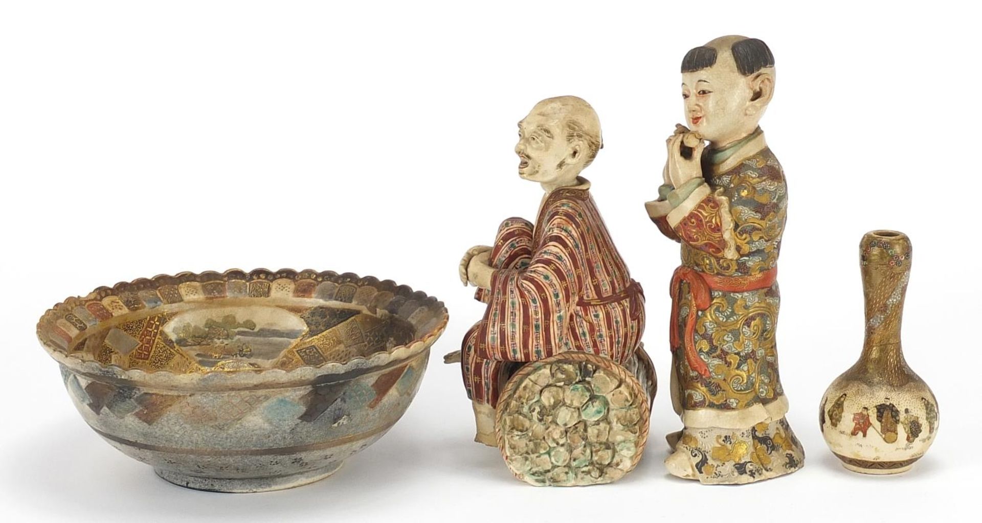 Japanese Satsuma pottery comprising two figures, bowl and garlic head vase, the largest 16.5cm high - Bild 4 aus 11