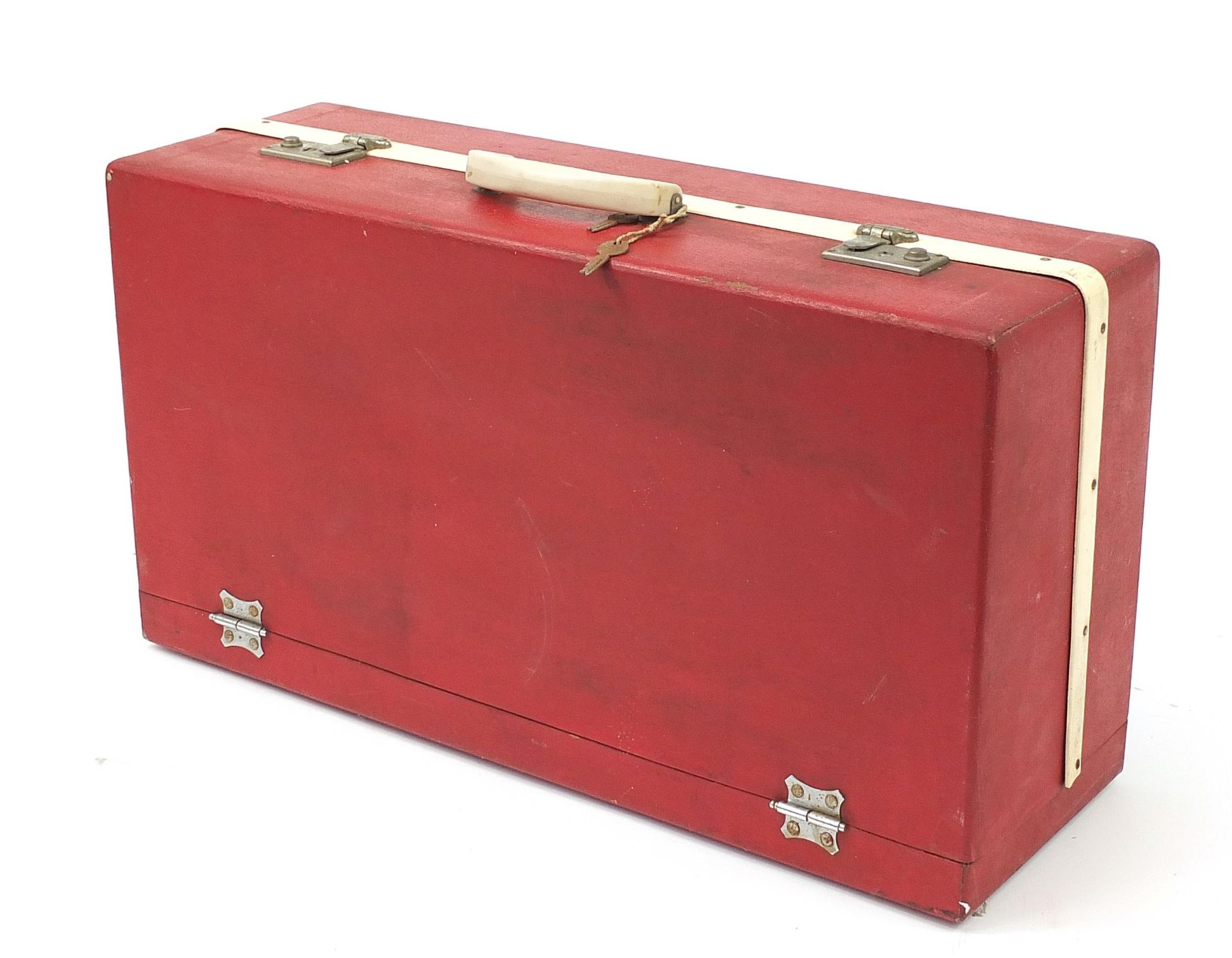 Large red Brexton picnic hamper retailed by Harrods of London, the hamper comprising Thermos flasks, - Image 6 of 8