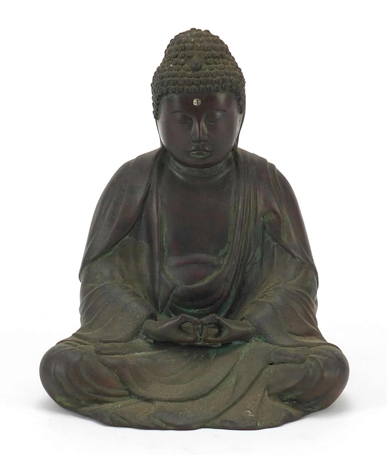 Chino Tibetan patinated bronze figure of seated Buddha, 18cm high