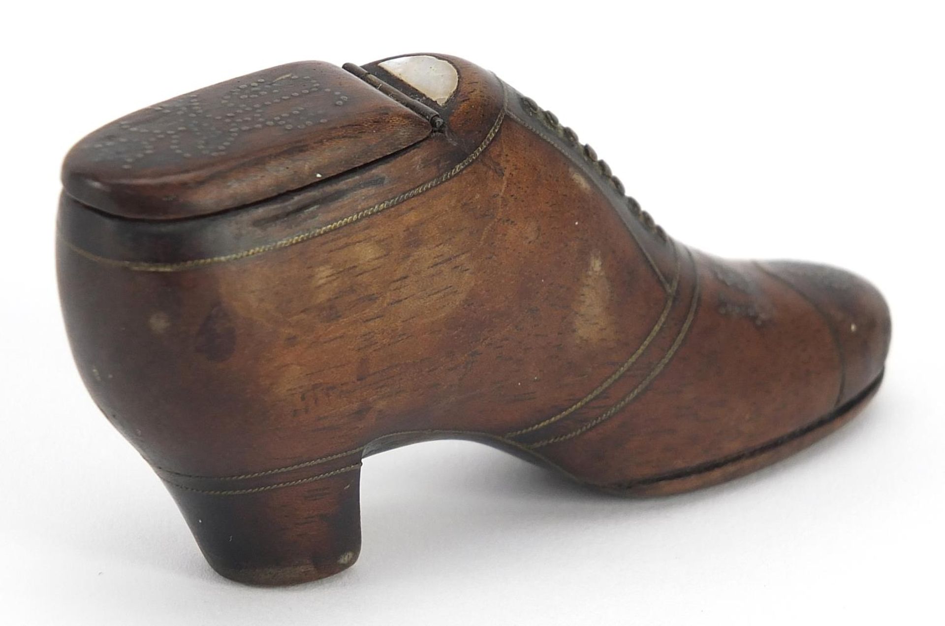 19th century treen stud work snuff box in the form of shoe, dated 1877, 9cm in length - Image 2 of 3