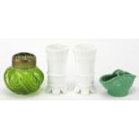 Glassware comprising green basket, two white crown top vases and green iridescent vase, the