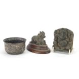 Indian objects to include a white metal bowl, white metal bull on wooden plinth and carved hardstone