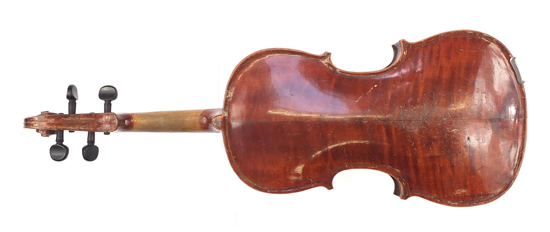 Old wooden violin with two bows and protective case, the violin back 14 inches in length, one violin - Image 8 of 11