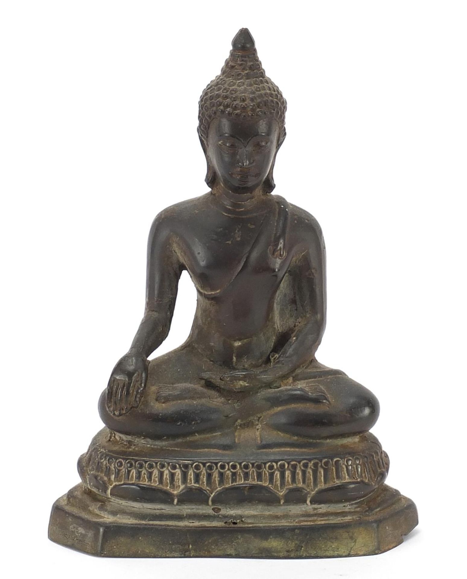 Burmese patinated bronze figure of seated Buddha, 20.5cm high