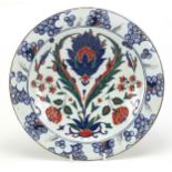 Turkish Iznik pottery plate hand painted with flowers, 31cm in diameter