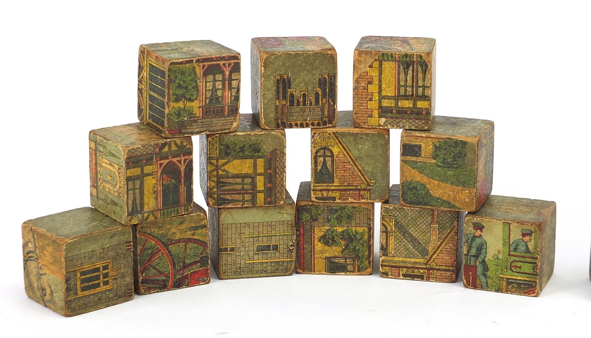 Children's vintage building blocks depicting buildings, horse drawn carriages, trains etc - Image 2 of 3