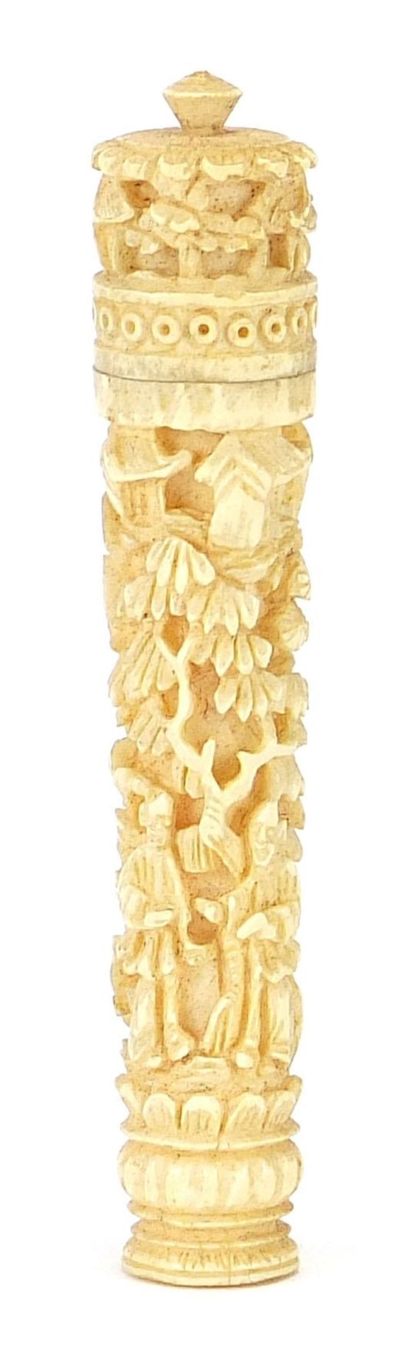 Chinese carved ivory needle case carved with figures amongst foliage and trees, housed in a - Image 3 of 9